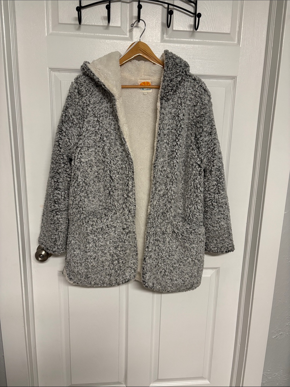 Women’s Cozy Hooded Teddy Coat in Light Gray Large